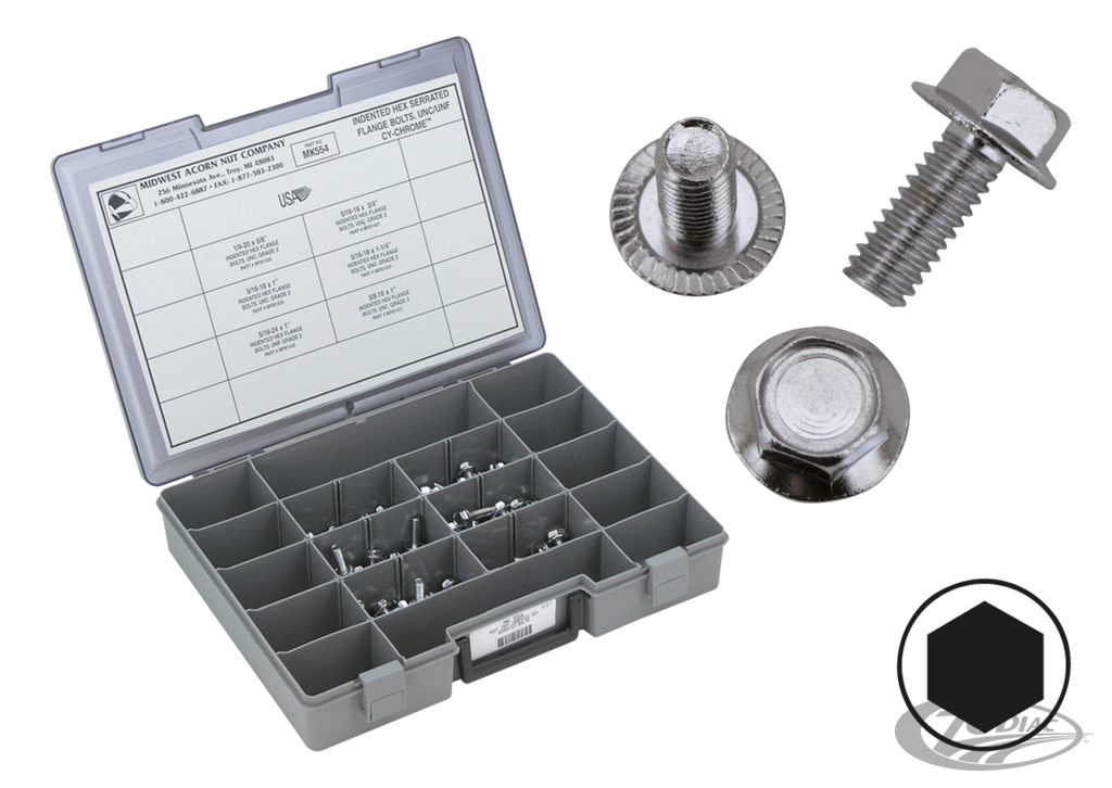 CHROME PLATED INDENTED HEX SERRATED FLANGE BOLTS ASSORTMENT