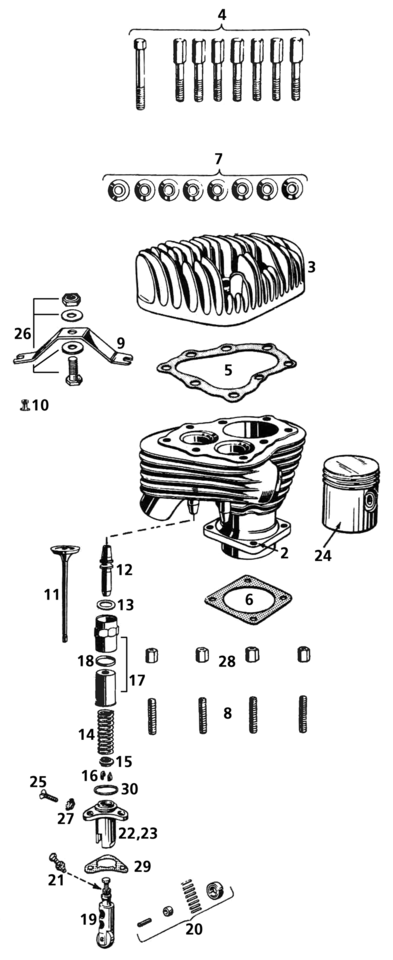 CYLINDERS AND VALVES, 45CI SIDEVALVE MODELS