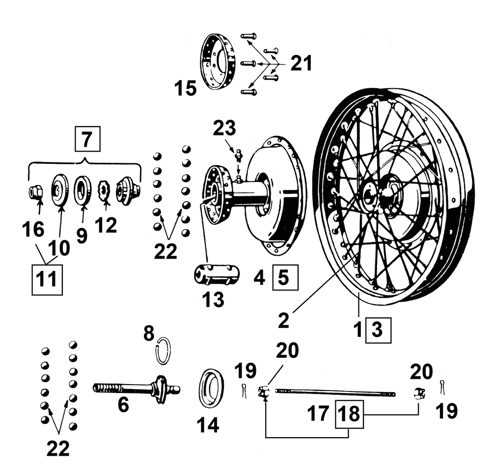 FRONT WHEEL & HUB PARTS 45CI SOLO MODELS