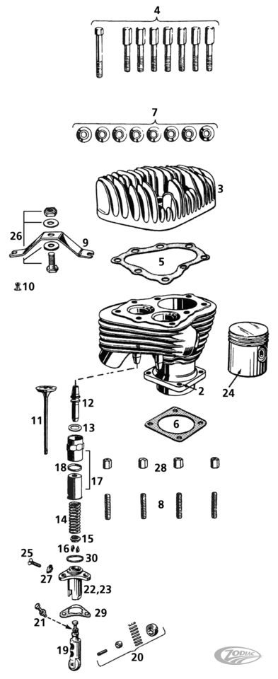 CYLINDERS AND VALVES, 45CI SIDEVALVE MODELS